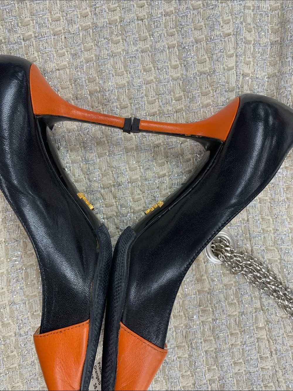 Prada Black Leather Pumps with Orange Trim and Silver Buckle - Picture 9 of 9